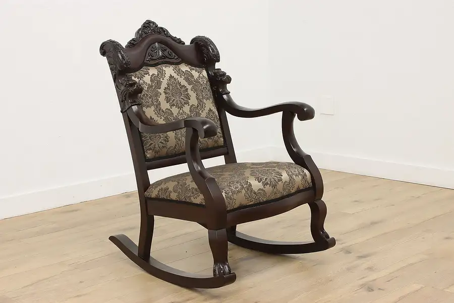 Main image of Victorian Antique Birch Rocking Chair Dragons New Upholstery