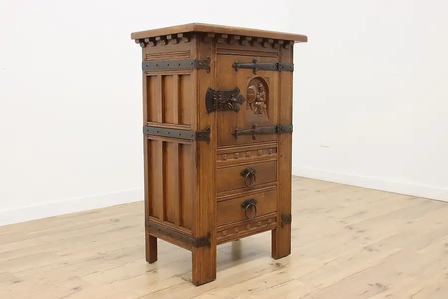 Main image of Dutch Vintage Oak Bar Hall or Pantry Cabinet, Carved Monk