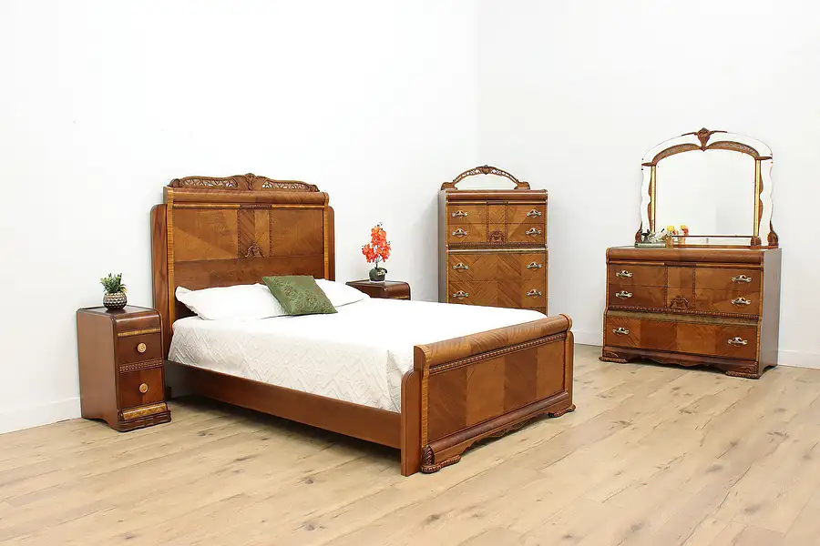 Main image of Art Deco Vintage 5 Pc Waterfall Walnut Queen Bedroom Set