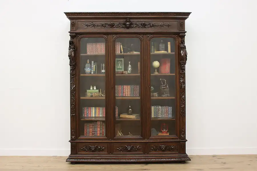 Main image of Renaissance Antique Oak Library Bookcase Female Sculptures