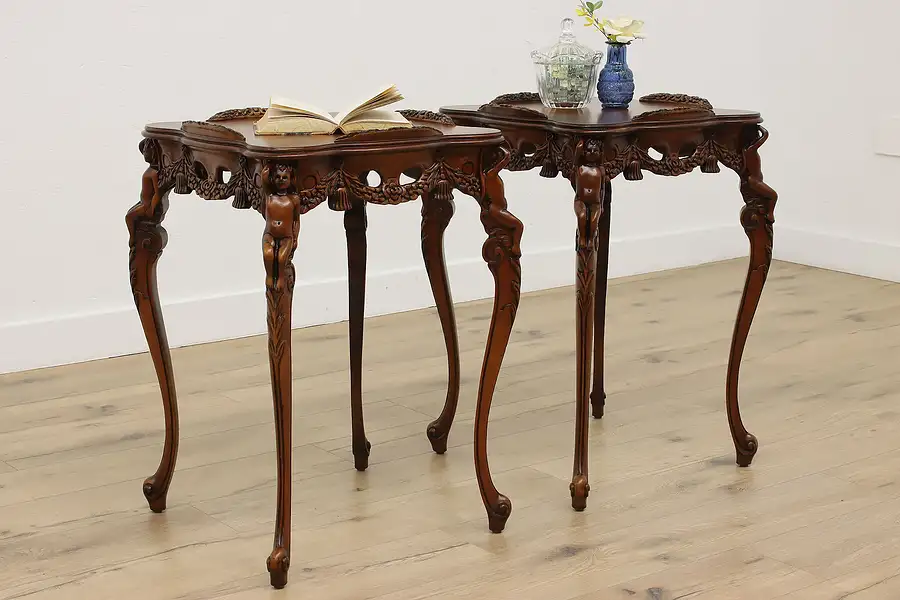 Main image of Pair of Vintage Marquetry Lamp or End Tables, Carved Cherubs