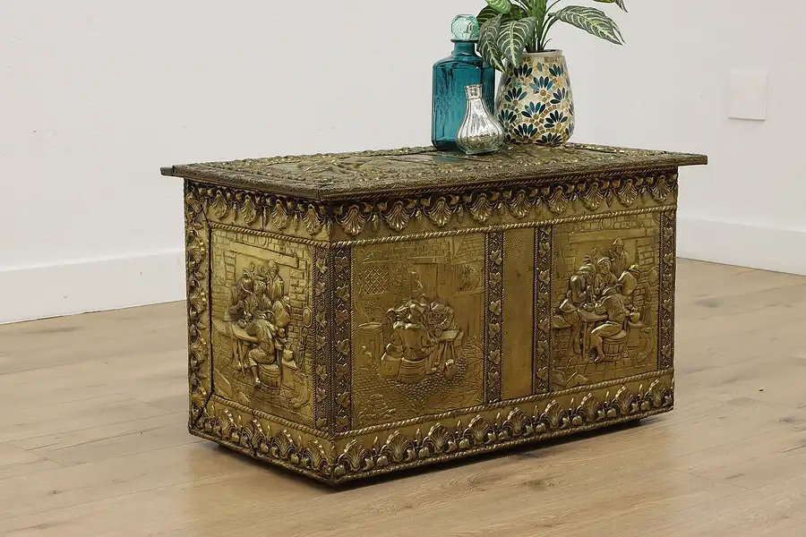 Main image of Farmhouse English Brass Clad Chest or Trunk, Tavern Scenes