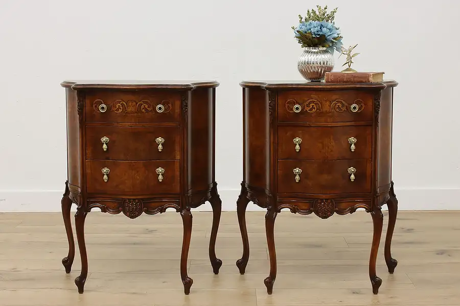 Main image of Pair of Antique Carved Marquetry Nightstands or End Tables