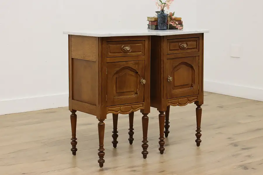 Main image of Pair of Country French Antique Oak Marble Top Nightstands