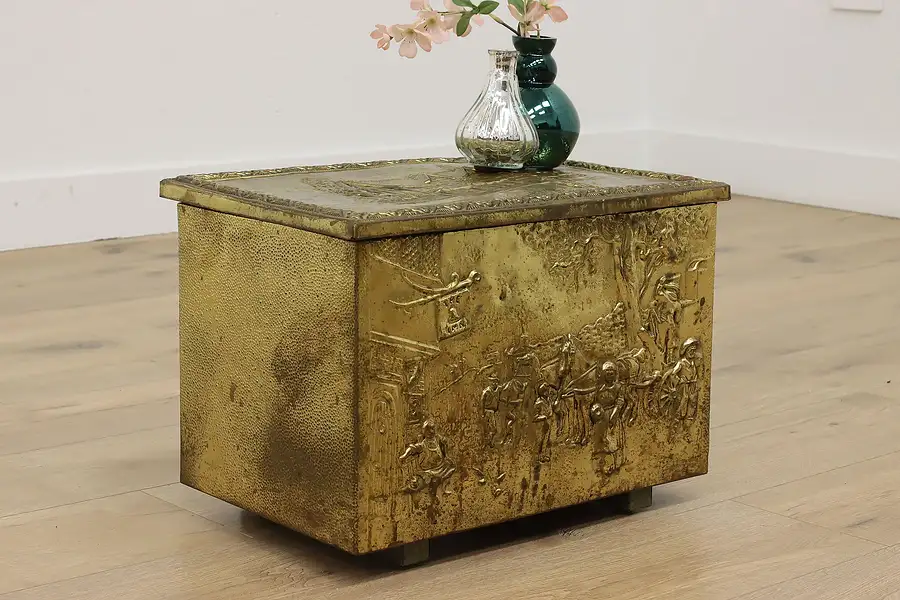 Main image of Farmhouse English Brass Clad Chest or Trunk, Village Scenes