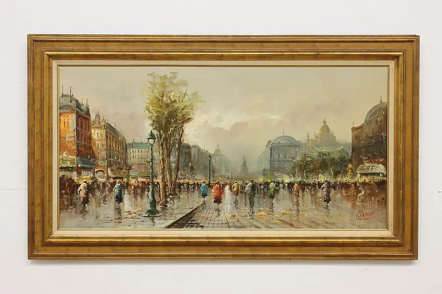 Main image of Paris Shoppers Vintage Original Oil Painting, Nardini 57"