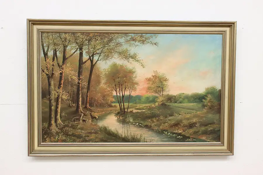 Main image of Sunrise Forest & Deer Antique Original Oil Painting Weil 58"