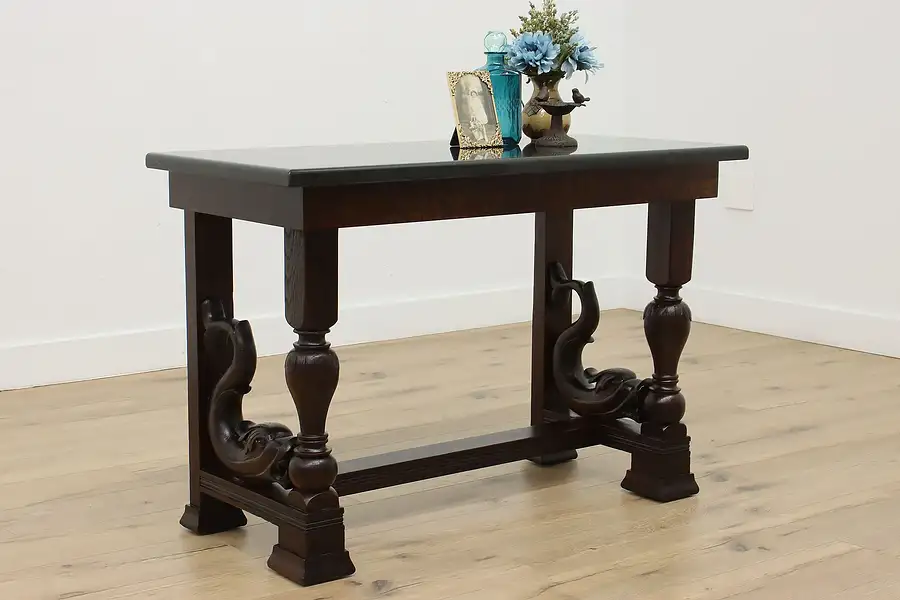 Main image of Renaissance Antique Oak & Granite Hall Console, Dolphins