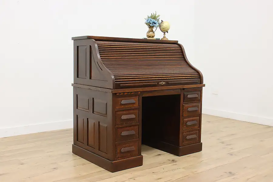 Main image of Victorian Antique Oak Roll Top Office Library Writing Desk