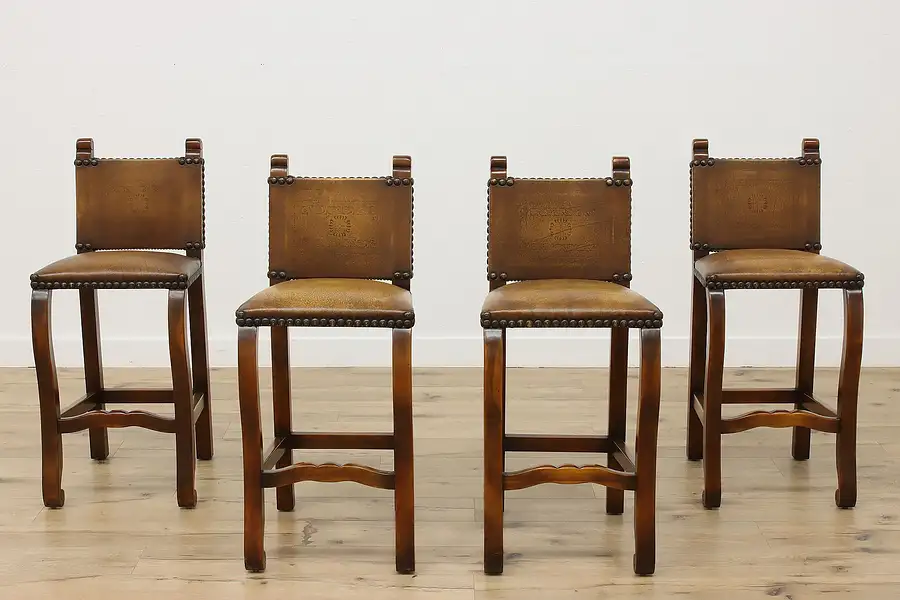 Main image of Set of 4 Vintage Spanish Colonial Leather Bar Counter Stools