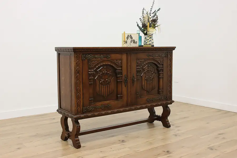 Main image of Spanish Colonial Vintage Carved Oak Sideboard or TV Console