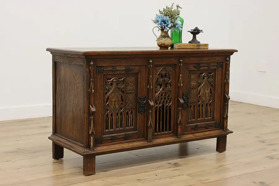 Main image of Gothic Vintage Carved Oak Cabinet, Hall or TV Console