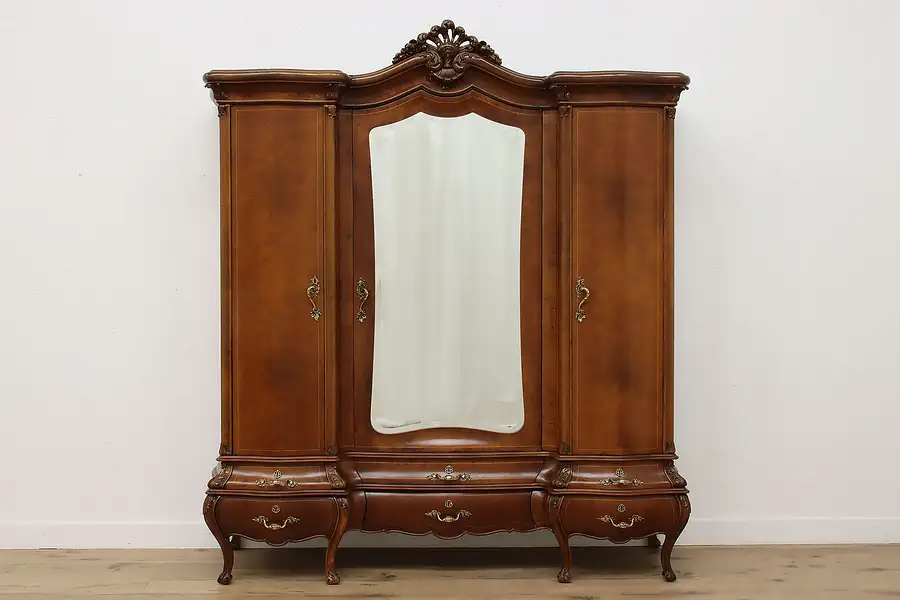 Main image of Italian Bombe Antique Carved Walnut Triple Armoire, Mirror