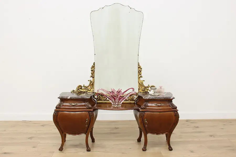 Main image of Italian Bombe Antique Carved Walnut Vanity & Mirror, Marble