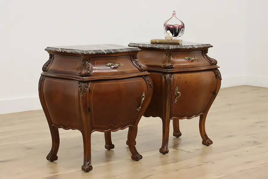 Main image of Pair of Italian Bombe Antique Walnut Nightstands Marble Tops