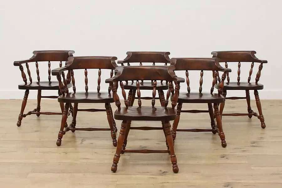 Main image of Set of 6 Vintage Farmhouse Pine Captain or Pub Chairs, Ethan