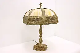 Brass Antique Floor Lamp, Painted Screen Shade, Marble Base