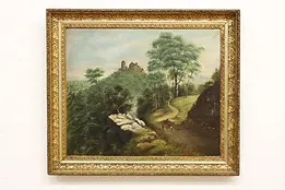 Mountain Abbey Antique Original Oil Painting 44" #49342