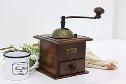 Farmhouse Antique Oak & Iron Coffee Mill Grinder Signed #50337