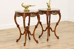 Pair French Design Vintage Carved Center Tables Marble Tops #50158