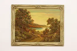 Village & Lake Antique Original Oil Painting Couldwell 46.5" #49757