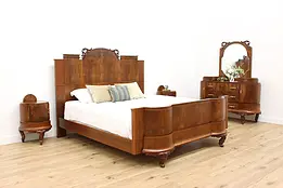 Italian Art Deco Antique 4 Pc Burl Bedroom Set King Size Bed #50767