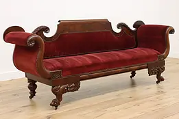 Empire Antique Mahogany & Velvet Sofa, Carved Cornucopias #48159