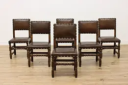 Set of 6 Vintage Tudor Design Leather & Oak Dining Chairs #50812
