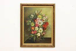 Flower Basket Vintage Original Oil Painting Beuzebosc 30.5" #50556
