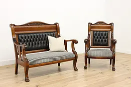 Victorian Antique Carved Ash Sofa & Chair Set, Leather #50773