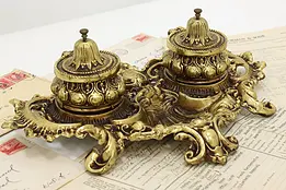 Victorian Design Vintage Brass Double Desktop Inkwell, BW #50948