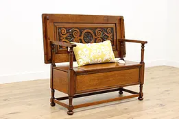 English Tudor Antique Oak Flip Top Bench & Table, Storage #51211