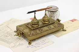 Renaissance Antique Embossed Brass Double Inkwell #50943