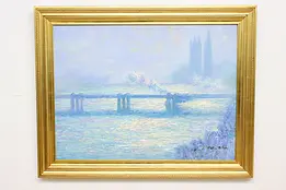 Blue City Bridge Vintage Original Oil Painting Miller 57.5" #50921