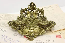 French Vintage Brass Desktop Double Inkwell, Cherubs #51134