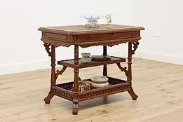 Victorian Eastlake Antique Walnut & Leather Console Table #50566