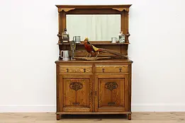 English Antique Art Nouveau Carved Oak Sideboard Bar Cabinet #51215