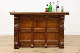 Renaissance Vintage Oak Brass Top Bar Counter, Carved Lions #51490