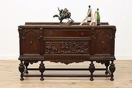 Tudor Design Antique Sideboard Bar Cabinet Carved Boar Hunt #51408
