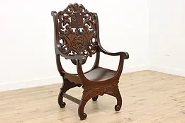 Tudor Design Antique Carved Oak Throne Chair, Coat of Arms #51505