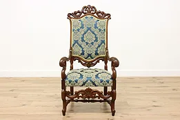 French Design Antique Carved Walnut Throne Chair, New Fabric #50633