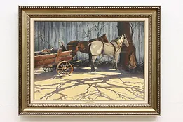 Logging Horses Vintage Original Oil Painting Boren 35.5" #51628