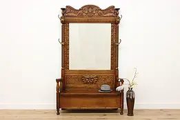 Victorian Antique Oak Hall Stand & Bench, Carved Faces #51630