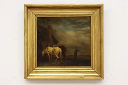 Farm Horses Antique Original Oil Painting Adolphe 14.5" #50314