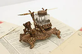 Victorian Antique Copper Desktop Inkwell & Pen, Dog Statue #51809