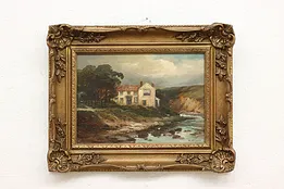 Seashore Inn Antique Original Oil Painting, Signed 19.5" #50790