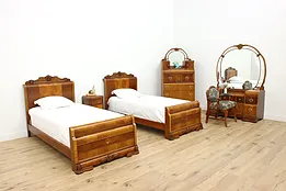 Art Deco Vintage 6 Pc Waterfall Bedroom Set, Twin Size Beds #51612