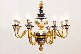 French Design Cobalt Porcelain & Brass Vintage Chandelier #52330