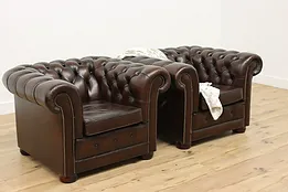 Pair of Chesterfield Vintage Tufted Brown Leather Armchairs #48926