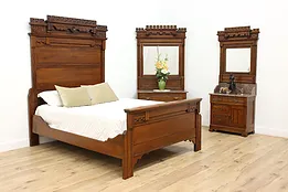 Victorian Eastlake Antique 3 Pc Bedroom Set Queen Bed Marble #51956